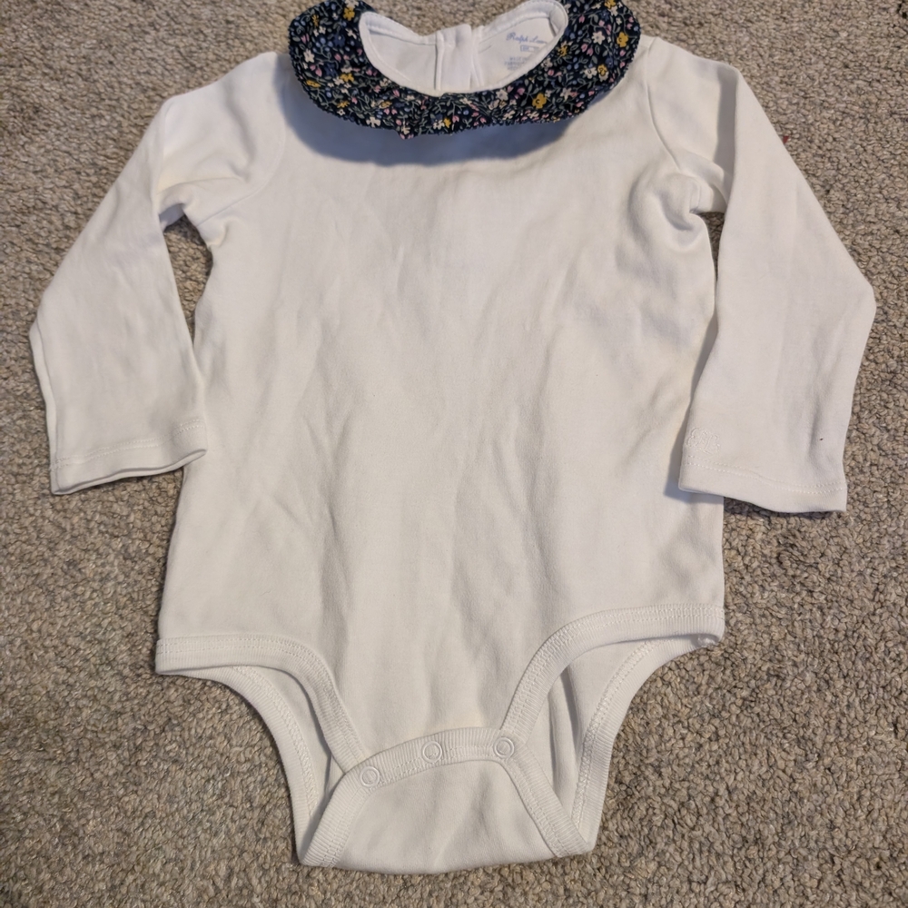 White Long Sleeve Baby Bodysuit with Floral Collar